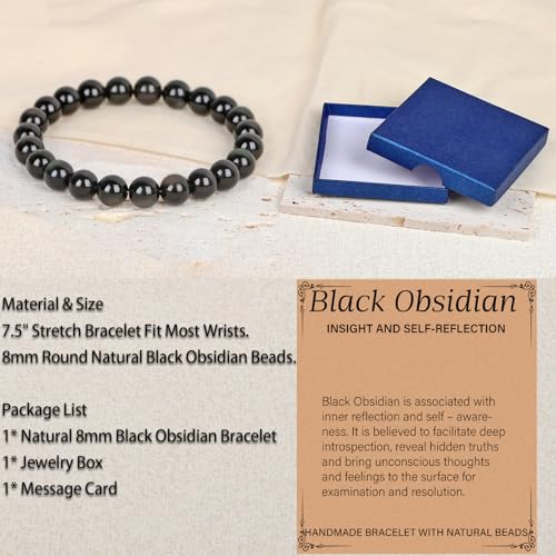 LPBeads Handmade Natural Gemstone Stretch Elastic 8m Black Obsidian Bracelet Healing Crystal Round Stone Beads Jewelry Gifts for Women Men - Image 4