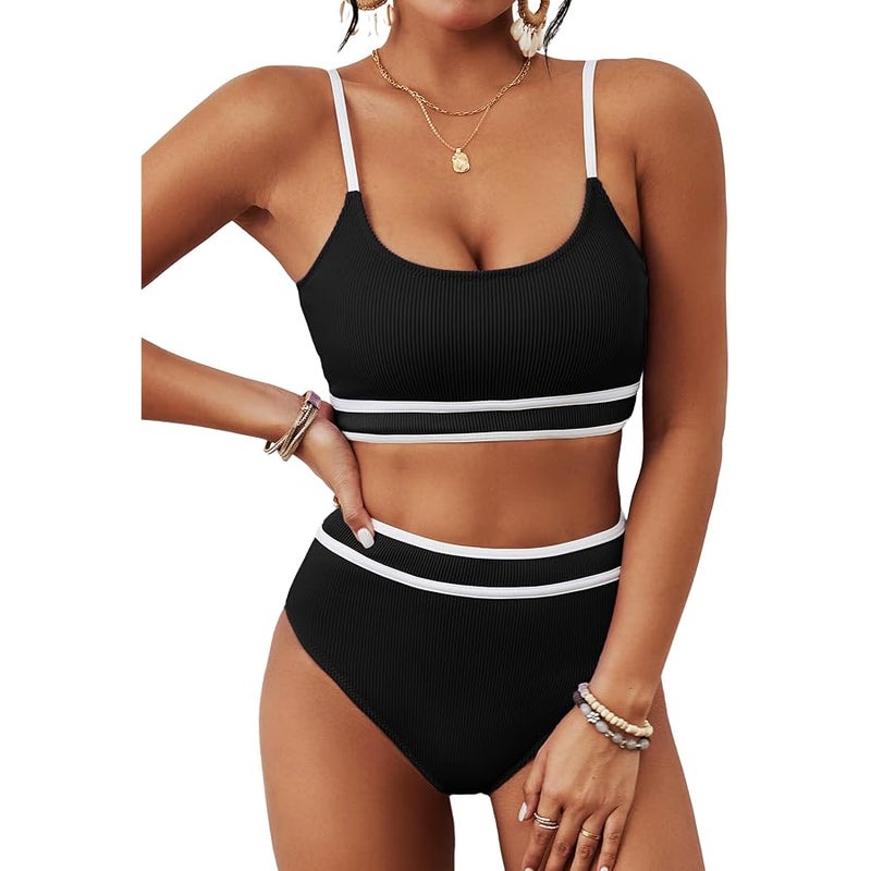 BMJL Women's High Waisted Bikini Ribbed Two Piece Swimsuit High Cut Color Block Adjustable Straps Bathing Suit - Image 1
