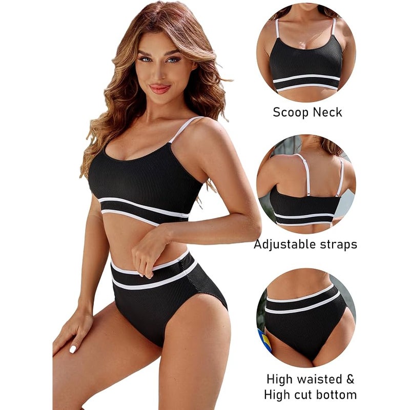 BMJL Women's High Waisted Bikini Ribbed Two Piece Swimsuit High Cut Color Block Adjustable Straps Bathing Suit - Image 4