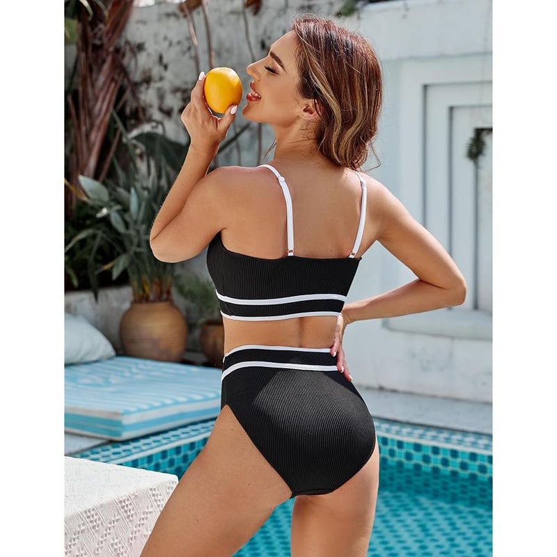BMJL Women's High Waisted Bikini Ribbed Two Piece Swimsuit High Cut Color Block Adjustable Straps Bathing Suit - Image 2