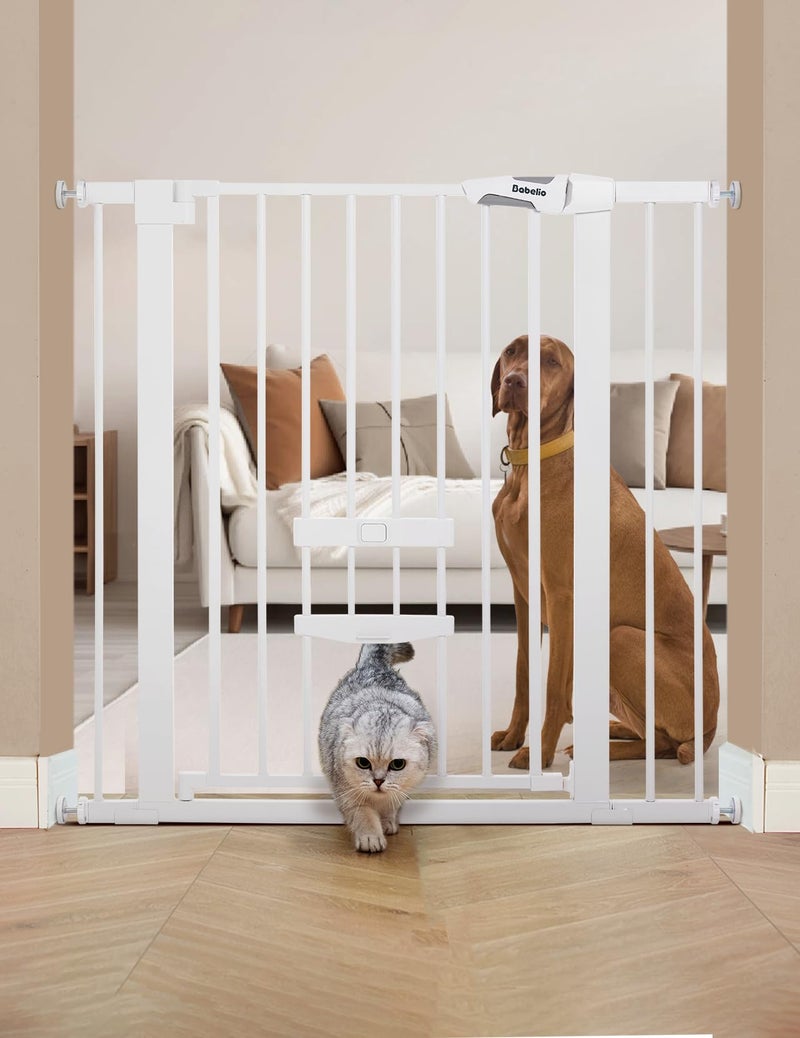 BABELIO 36 Inch Extra Tall Baby Gate with Cat Door, 29-40" Metal Dog Gate, Cat Gate for Stairs, Doorways, Auto Close Safety Gate with Pet Door, Easy Walk Thru, White - Image 1