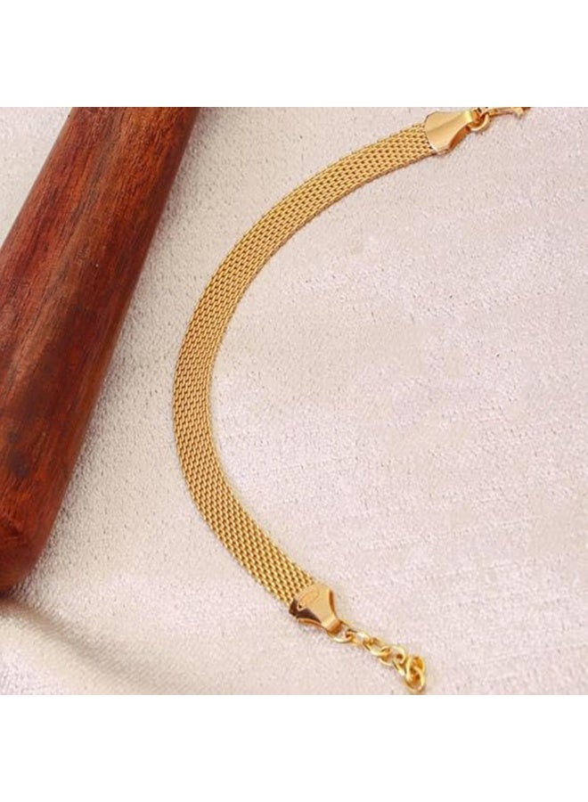 Julia Store 18k Gold Italian Mesh Link Chain Stainless Steel Thin Trendy Charm Silky Bismarck Curb Bracelet Herringbone Braided 4.4 mm Gift for Women Shiny Surface - Image 1