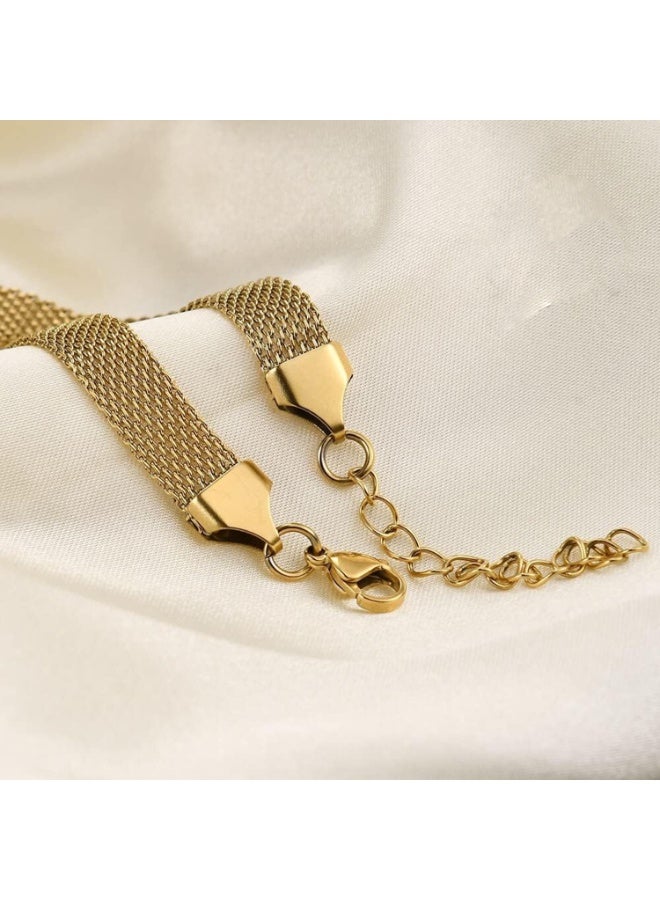 Julia Store 18k Gold Italian Mesh Link Chain Stainless Steel Thin Trendy Charm Silky Bismarck Curb Bracelet Herringbone Braided 4.4 mm Gift for Women Shiny Surface - Image 4