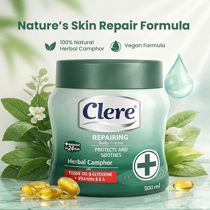 Clere Repairing Body Cream with Herbal Camphor, Tissue Oil, Glycerine, Vitamins E & A, 24-Hour Moisturisation, 500ml - Image 2