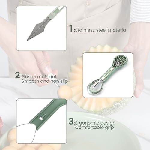 Supvox® 6 in 1 Melon Baller Scoop Set Fruit Scooper Seed Remover Cutter for Dig Pulp, Stainless Steel Fruit Carving Tools Knife Kit Melon Scoop for Watermelon Fruits Meatball - Image 3