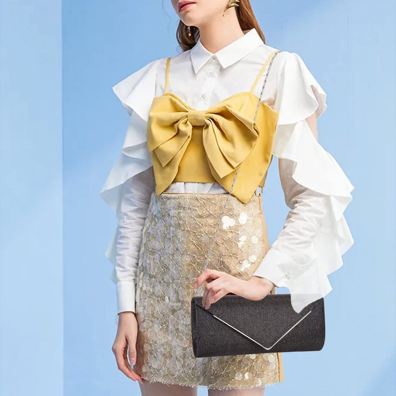 Larcenciel حقائب كلاتش لارسينسيل للنساء، حقيبة مسائية متلألئة مع سلسلة قابلة للفصل، حقيبة يد معدنية رسمية مع حزام كتف وحقيبة كروس بودي لحفلات الترويج وحفلات الزفاف (أسود) - Image 2