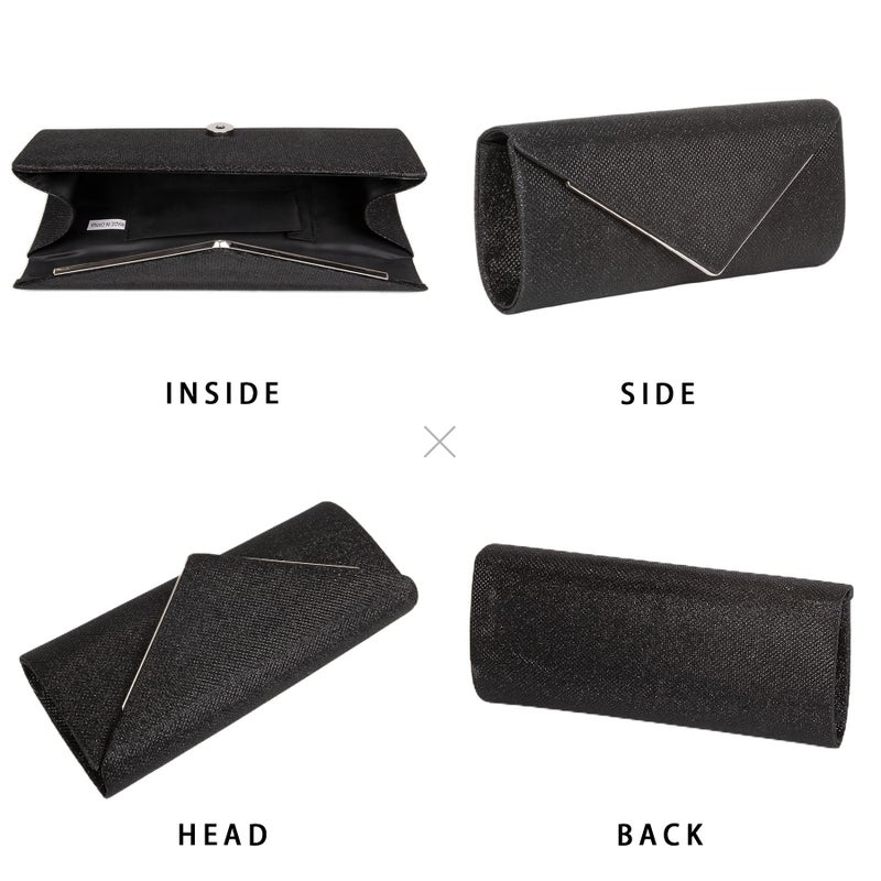 Larcenciel حقائب كلاتش لارسينسيل للنساء، حقيبة مسائية متلألئة مع سلسلة قابلة للفصل، حقيبة يد معدنية رسمية مع حزام كتف وحقيبة كروس بودي لحفلات الترويج وحفلات الزفاف (أسود) - Image 3