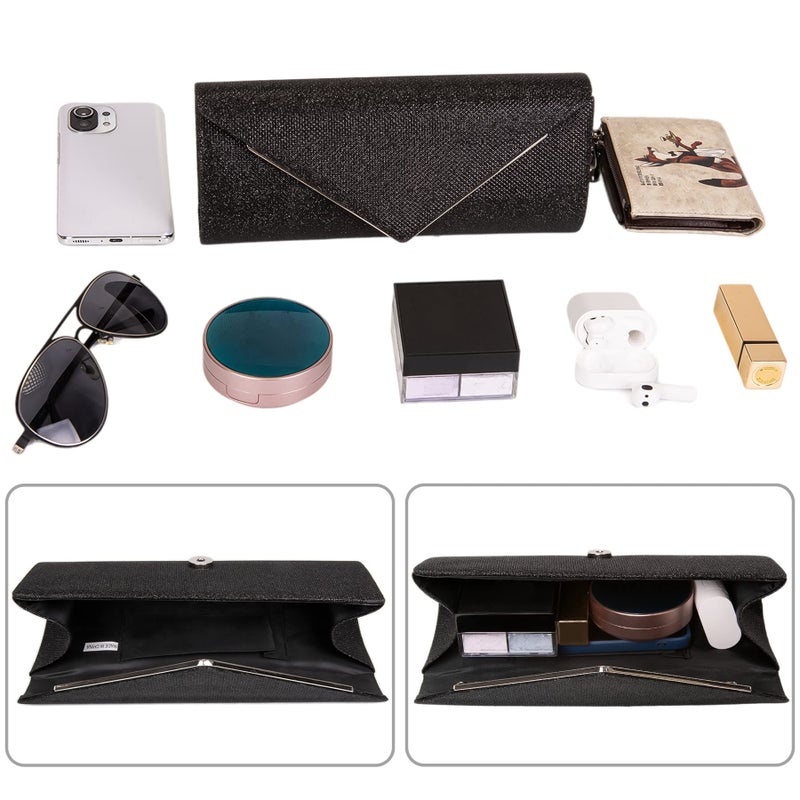 Larcenciel حقائب كلاتش لارسينسيل للنساء، حقيبة مسائية متلألئة مع سلسلة قابلة للفصل، حقيبة يد معدنية رسمية مع حزام كتف وحقيبة كروس بودي لحفلات الترويج وحفلات الزفاف (أسود) - Image 4