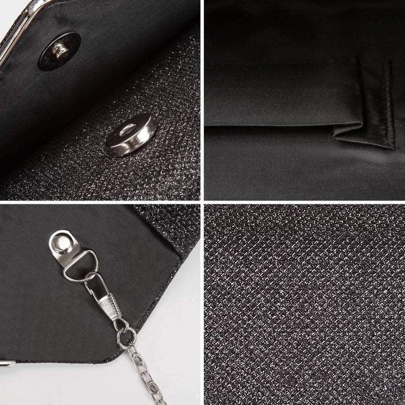 Larcenciel حقائب كلاتش لارسينسيل للنساء، حقيبة مسائية متلألئة مع سلسلة قابلة للفصل، حقيبة يد معدنية رسمية مع حزام كتف وحقيبة كروس بودي لحفلات الترويج وحفلات الزفاف (أسود) - Image 5