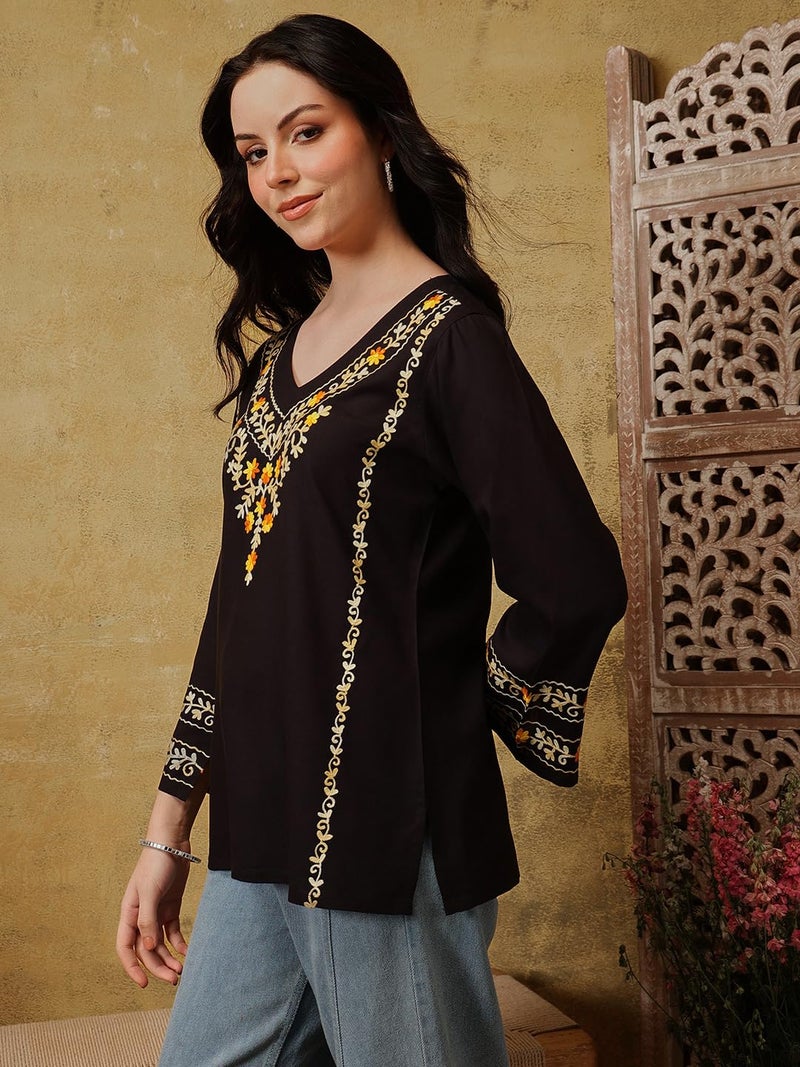 QAZMI Women's Amina Kashmiri Embroidered V-Neck Short Kurti_S Black - Image 3