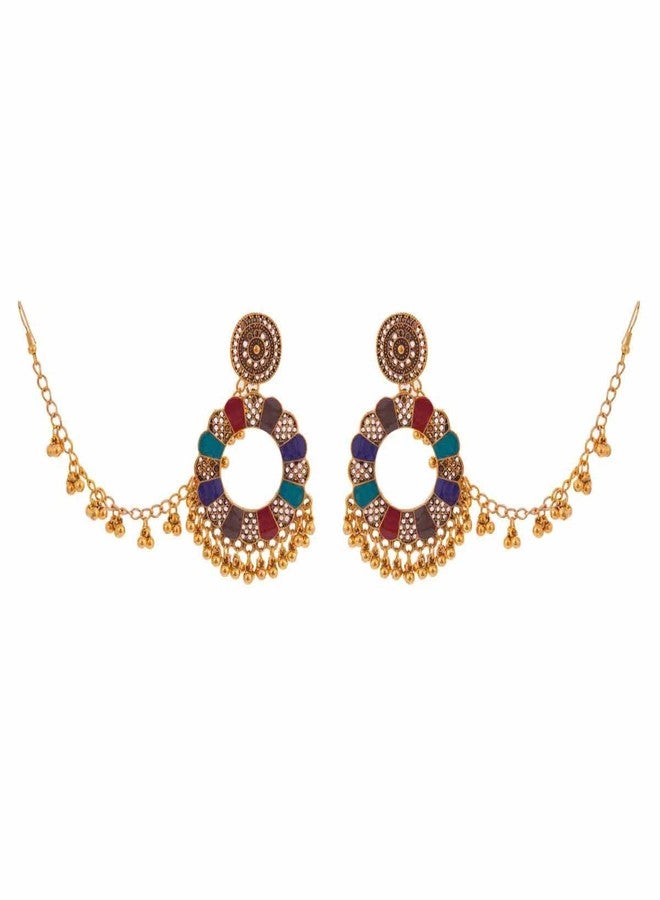 Cykdohy Bollywood Colorful Enamel Sunflower Vintage Jhumka Jhumki Dangle Drop Indian Tradtional Earrings for Women Gypsy Ethnic Bell Tassel Beads Chandelier Dangling with Hair Chain Bohemian Statement Jewelry - Image 1