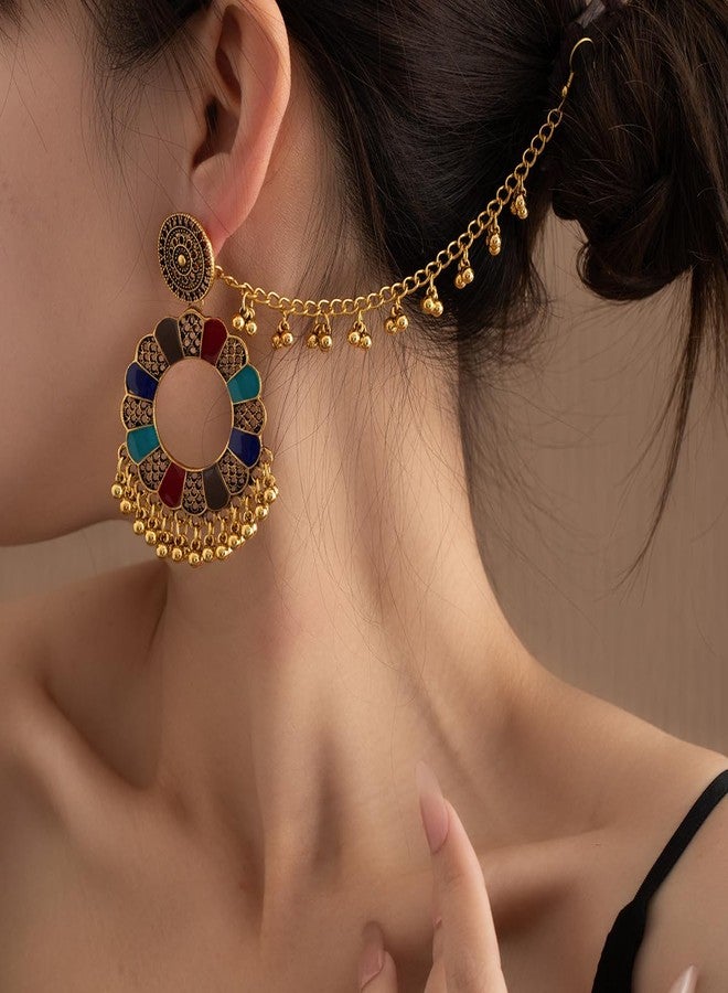 Cykdohy Bollywood Colorful Enamel Sunflower Vintage Jhumka Jhumki Dangle Drop Indian Tradtional Earrings for Women Gypsy Ethnic Bell Tassel Beads Chandelier Dangling with Hair Chain Bohemian Statement Jewelry - Image 2