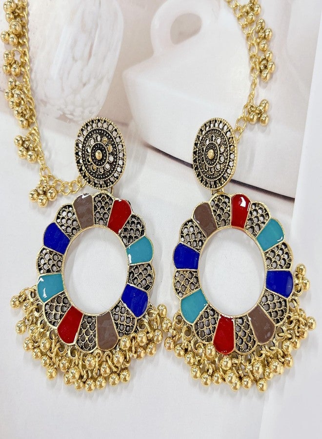 Cykdohy Bollywood Colorful Enamel Sunflower Vintage Jhumka Jhumki Dangle Drop Indian Tradtional Earrings for Women Gypsy Ethnic Bell Tassel Beads Chandelier Dangling with Hair Chain Bohemian Statement Jewelry - Image 4