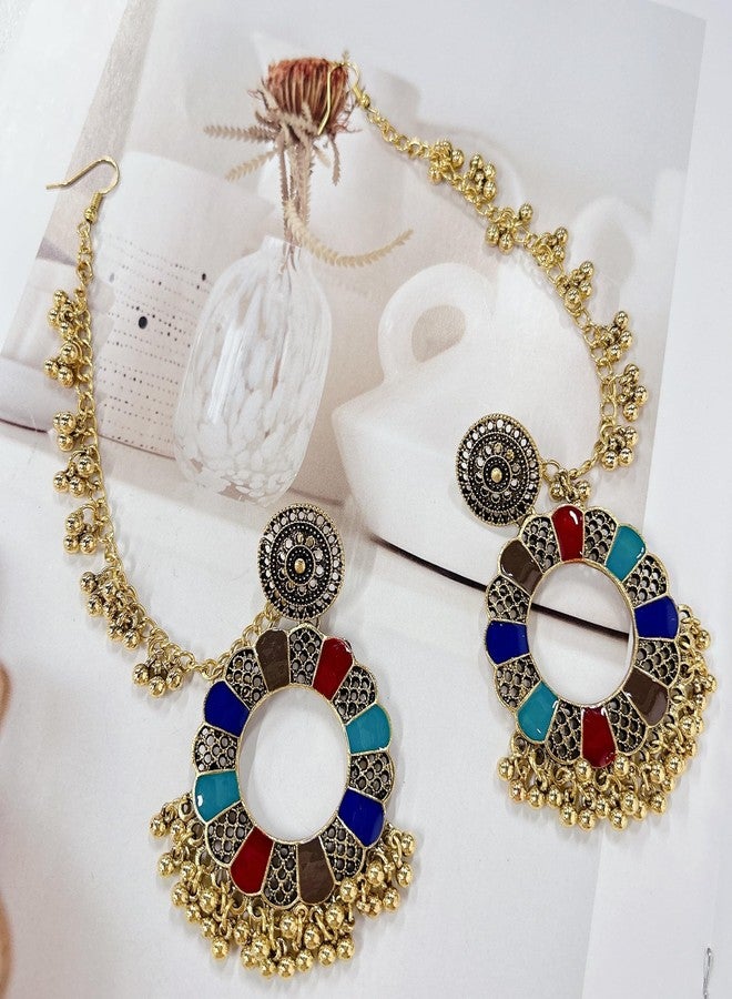 Cykdohy Bollywood Colorful Enamel Sunflower Vintage Jhumka Jhumki Dangle Drop Indian Tradtional Earrings for Women Gypsy Ethnic Bell Tassel Beads Chandelier Dangling with Hair Chain Bohemian Statement Jewelry - Image 5