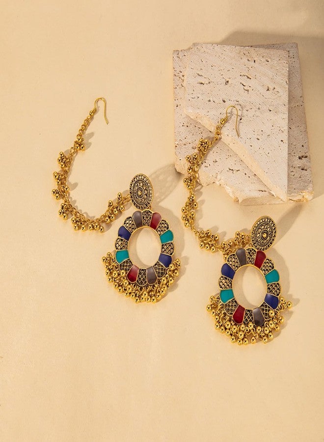 Cykdohy Bollywood Colorful Enamel Sunflower Vintage Jhumka Jhumki Dangle Drop Indian Tradtional Earrings for Women Gypsy Ethnic Bell Tassel Beads Chandelier Dangling with Hair Chain Bohemian Statement Jewelry - Image 3