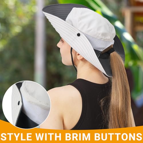 PFFY Sun Bucket Hats for Women Men UV Protection Wide Brim Fishing Hat Beach Outdoor Essentials Beige/Grey (Ponytail) - Image 4