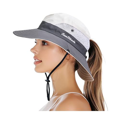 PFFY Sun Bucket Hats for Women Men UV Protection Wide Brim Fishing Hat Beach Outdoor Essentials Beige/Grey (Ponytail) - Image 1