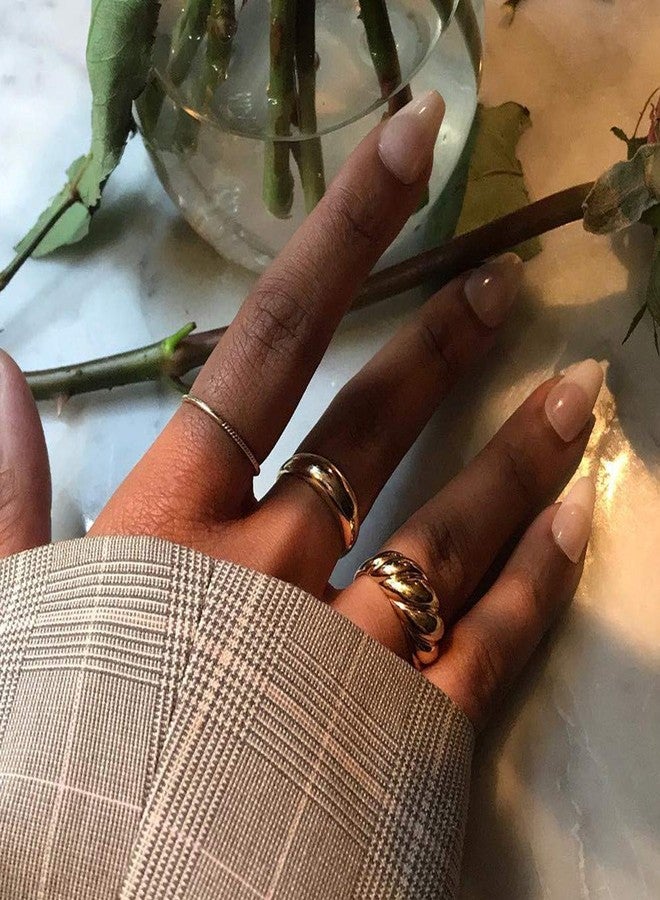 VIUJUH Chunky Croissant Dome Ring, Braided Twisted Rope Signet Ring, 14K Gold Plated Stacking Band Rings for Women Girls (8) - Image 5