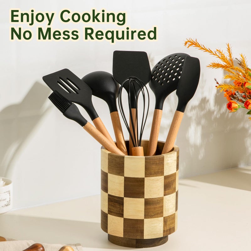 Fyctio Wooden Utensil Holder, 360Â° Rotating Acacia Wood Kitchen Utensil Holder for Countertop, 7.2" Non-Slip Large Utensil Holder for Kitchen, Farmhouse Countertop Decor, Spatula Holders, Checkered - Image 3