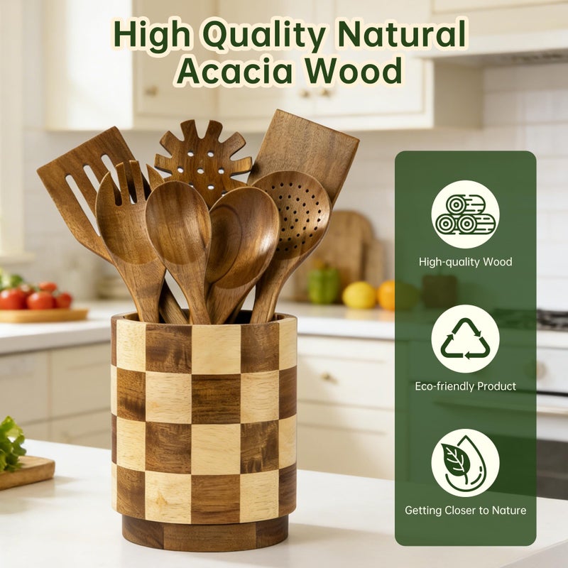 Fyctio Wooden Utensil Holder, 360Â° Rotating Acacia Wood Kitchen Utensil Holder for Countertop, 7.2" Non-Slip Large Utensil Holder for Kitchen, Farmhouse Countertop Decor, Spatula Holders, Checkered - Image 4