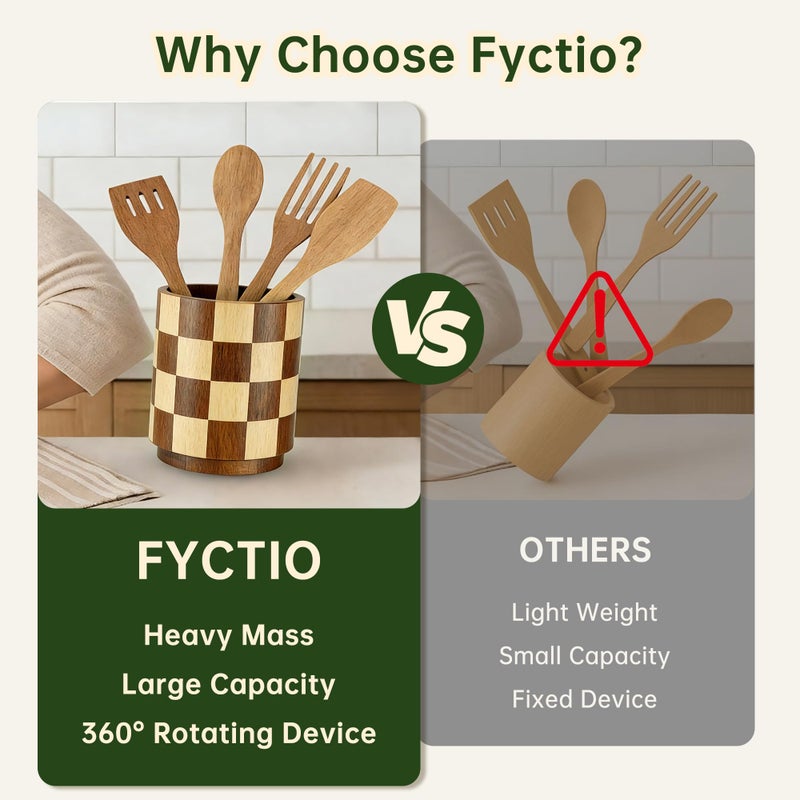 Fyctio Wooden Utensil Holder, 360Â° Rotating Acacia Wood Kitchen Utensil Holder for Countertop, 7.2" Non-Slip Large Utensil Holder for Kitchen, Farmhouse Countertop Decor, Spatula Holders, Checkered - Image 5