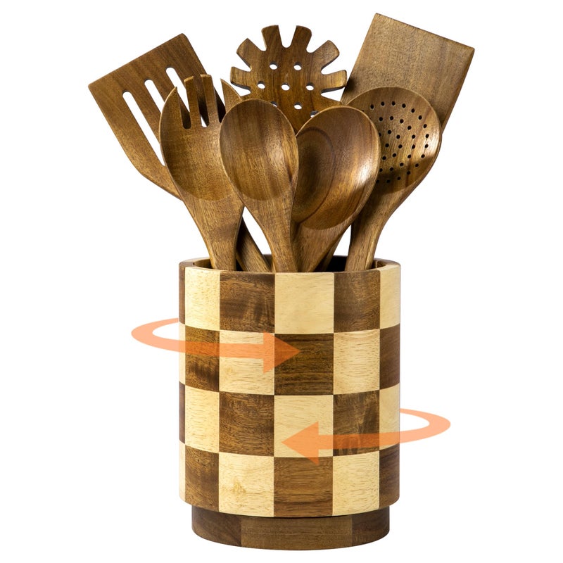 Fyctio Wooden Utensil Holder, 360Â° Rotating Acacia Wood Kitchen Utensil Holder for Countertop, 7.2" Non-Slip Large Utensil Holder for Kitchen, Farmhouse Countertop Decor, Spatula Holders, Checkered - Image 1