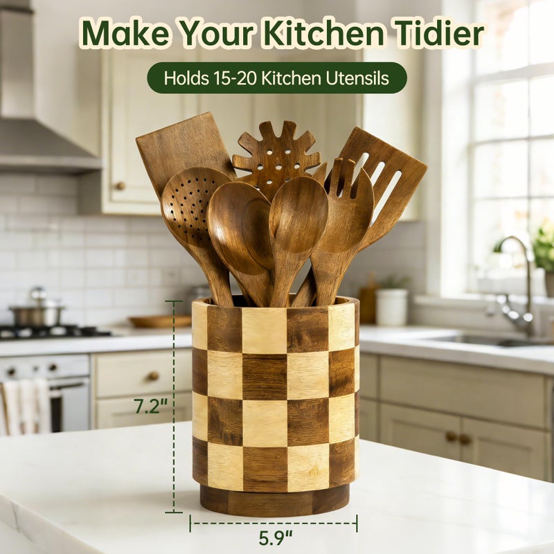 Fyctio Wooden Utensil Holder, 360Â° Rotating Acacia Wood Kitchen Utensil Holder for Countertop, 7.2" Non-Slip Large Utensil Holder for Kitchen, Farmhouse Countertop Decor, Spatula Holders, Checkered - Image 2