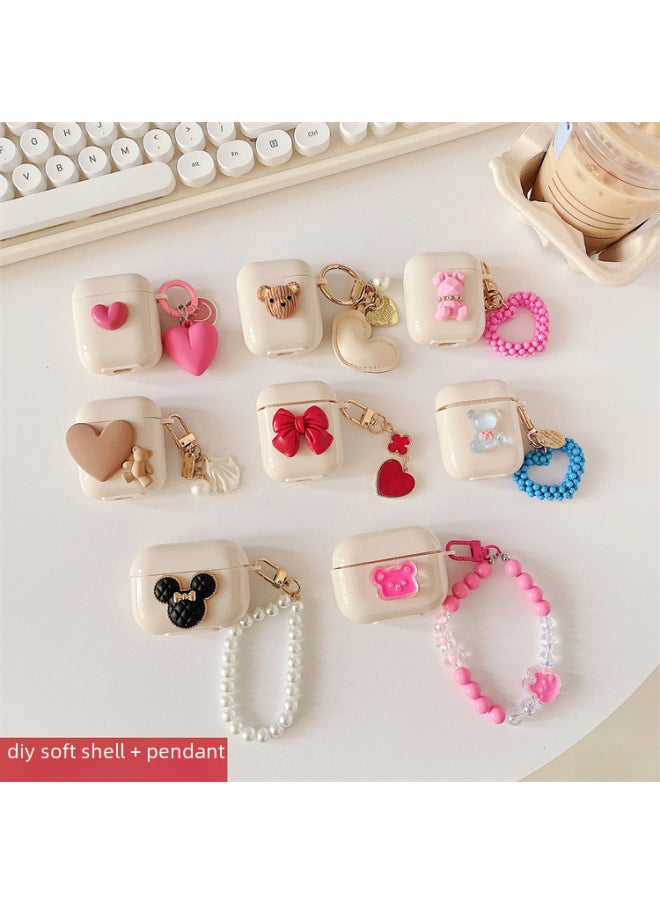 Generic - For AirPods 4 Headphone Set Cartoon Diy Doll Pendant Apple 1/2 Generation/pro2 Bluetooth Soft Case Bracelet-Color:Beige Soft Shell + Bead Chain - Brown Bow-Model:Airpods 4 (protective Case) - Image 1