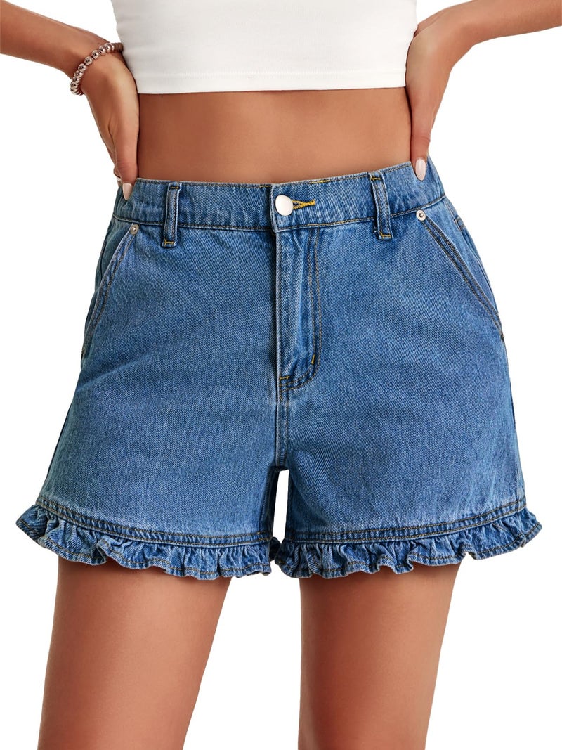 Aoysky Womens Summer Ruffle Denim Shorts Cute High Waisted Cotton Short Jeans with Pockets - Image 1