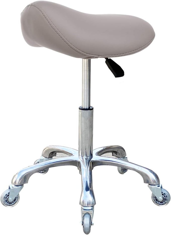 PROFESSIONAL SADDLE STOOL WITH WHEELS ERGONOMIC SWIVEL ROLLING HEIGHT ADJUSTABLE FOR CLINIC DENTIST BEAUTY SALON TATTOO HOME OFFICE GREY