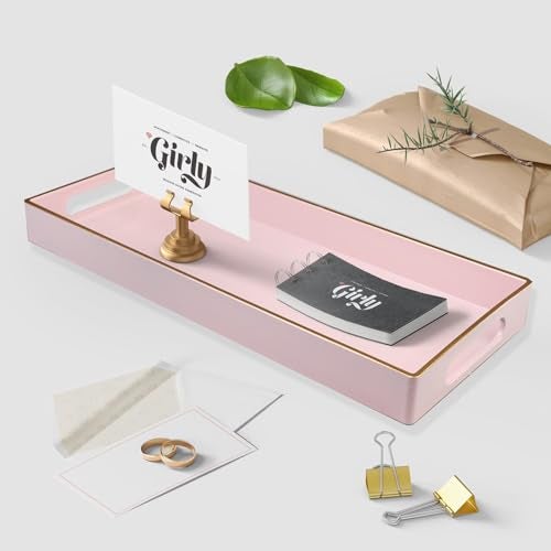 Leemxiiny Pink Vanity Tray with Handles, Decorative Tray Desktop Storage Organizer for Bathroom, Living Room, 5.9"*13.7" - Image 3