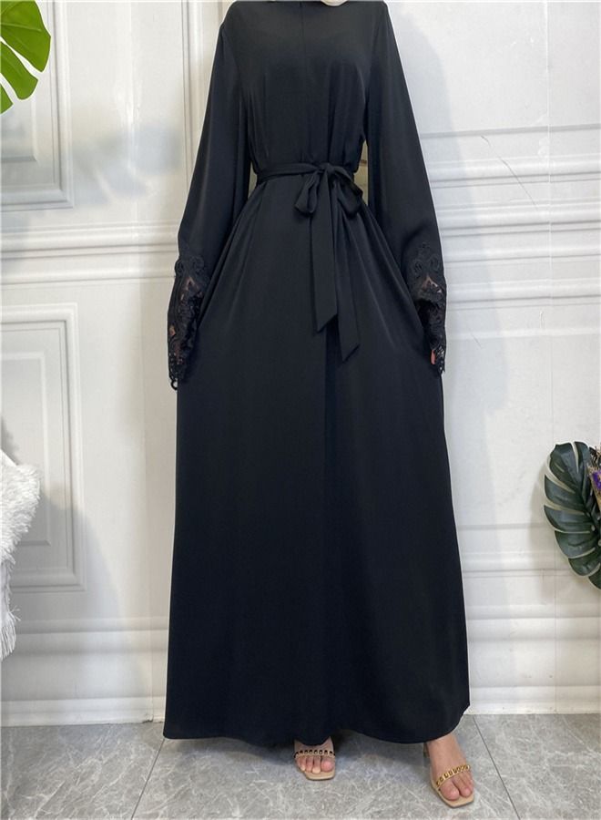 Loquat Women's Solid Color Lace Zippered Dress Abaya Black  - Image 2