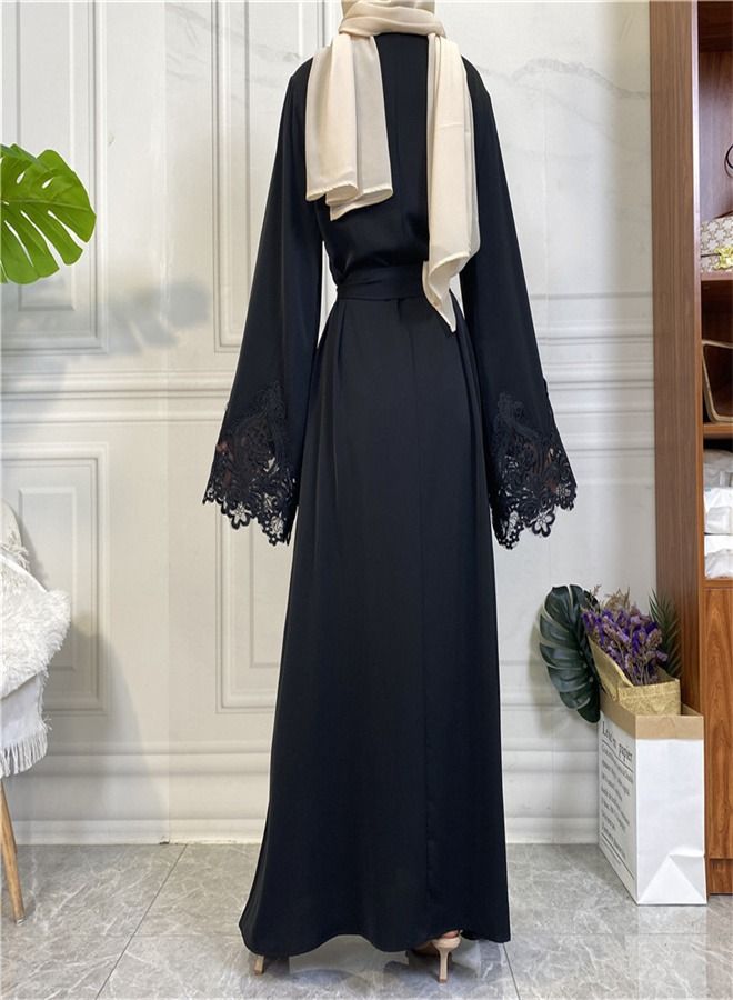Loquat Women's Solid Color Lace Zippered Dress Abaya Black  - Image 3
