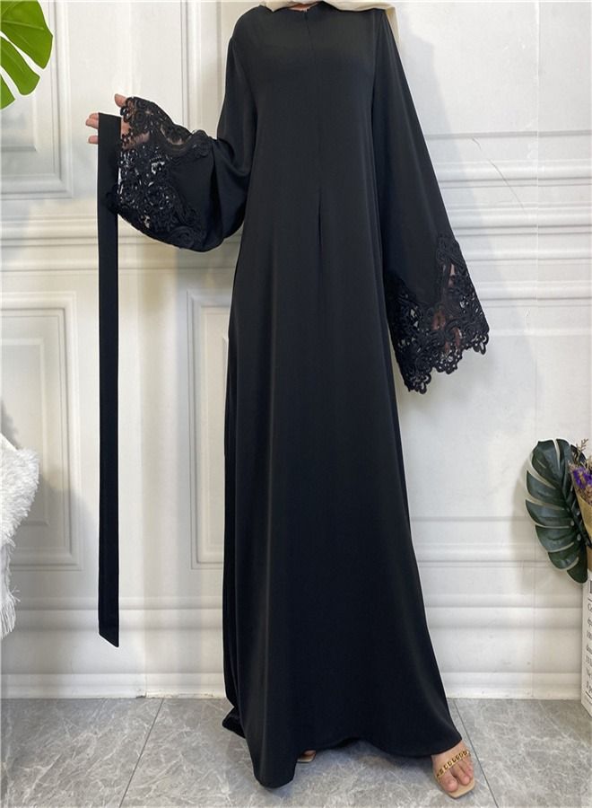 Loquat Women's Solid Color Lace Zippered Dress Abaya Black  - Image 1
