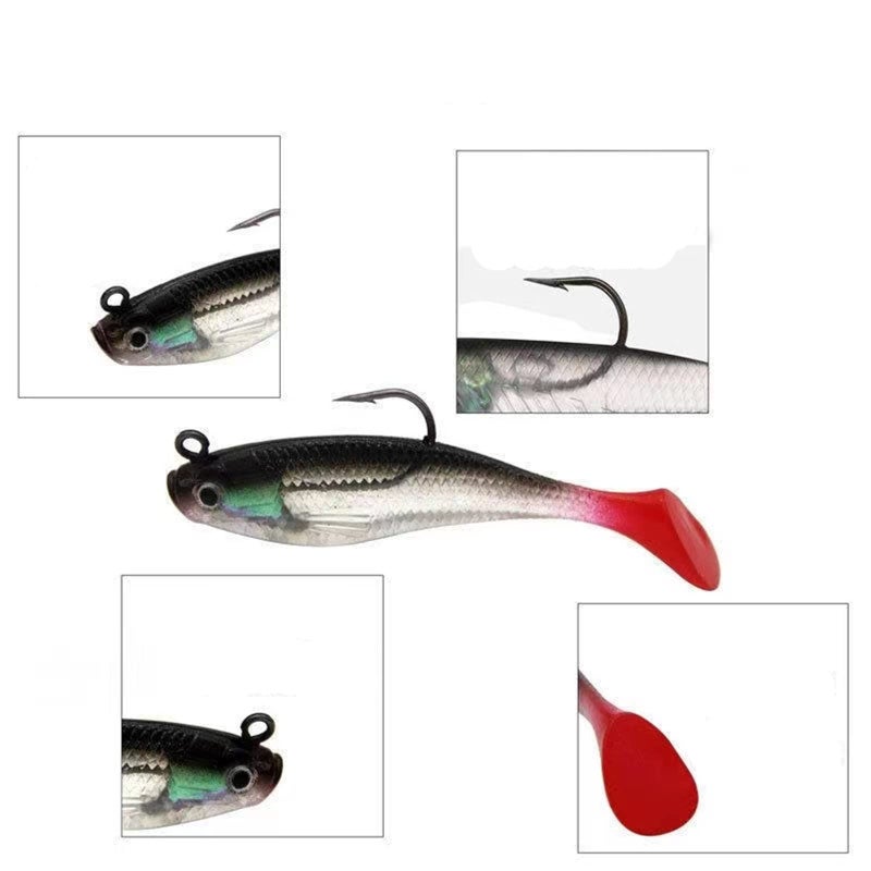 WYSUMMER Fishing Lure Set, 5Pcs 8cm Soft Bait Head Sea Fish Lures Fishing Tackle Sharp Treble Hook T Tail Artificial Bait (1A) - Image 3