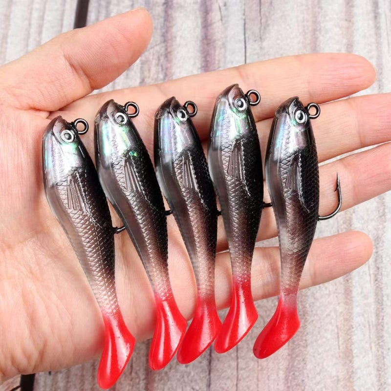 WYSUMMER Fishing Lure Set, 5Pcs 8cm Soft Bait Head Sea Fish Lures Fishing Tackle Sharp Treble Hook T Tail Artificial Bait (1A) - Image 4