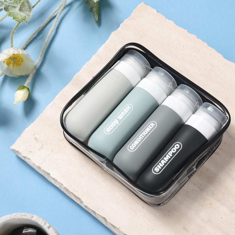 YNSHOUNA Silicone Travel Bottles for Toiletries with Labels, 3oz TSA Approved Squeezable Travel Size Containers, Leak Proof Travel Shampoo and Conditioner Bottles with Toiletry Bag (4 Pack, Dark Color) - Image 5