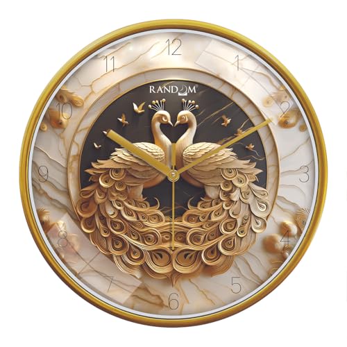 RANDOM 12 Inch Analog Wall Clock with Gold Peacock Design Modern Sweep Silent Timepiece Abstract Wall Clock for Living Room, Bedroom, and Office Decor (RC-67258) - Image 1