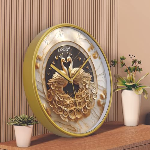 RANDOM 12 Inch Analog Wall Clock with Gold Peacock Design Modern Sweep Silent Timepiece Abstract Wall Clock for Living Room, Bedroom, and Office Decor (RC-67258) - Image 2