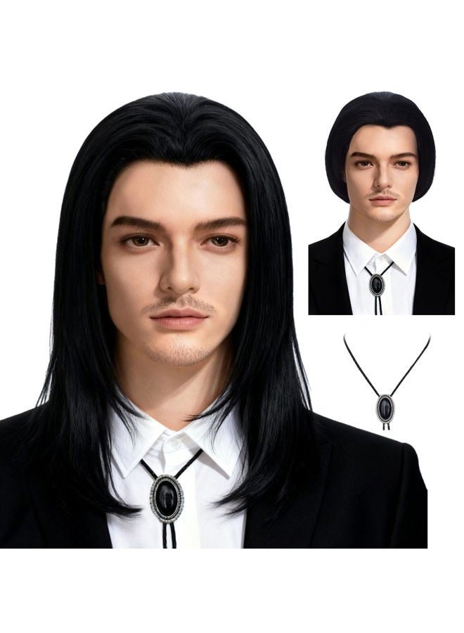 Qaccf Mens 70s hippie Short Straight Black Vincent Vega Costume Wig with Widows Peak - Image 1