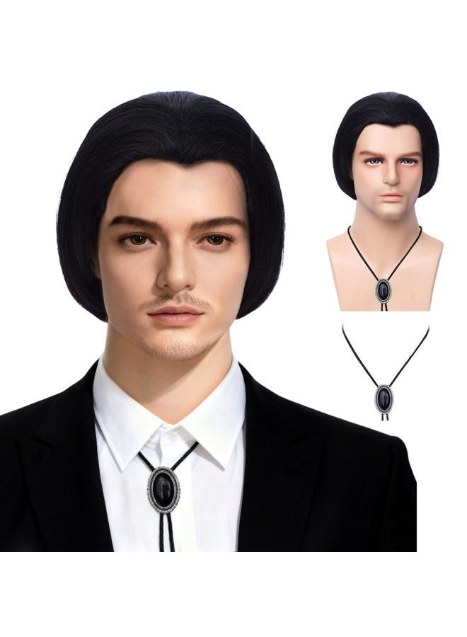 Qaccf Mens 70s hippie Short Straight Black Vincent Vega Costume Wig with Widows Peak - Image 3
