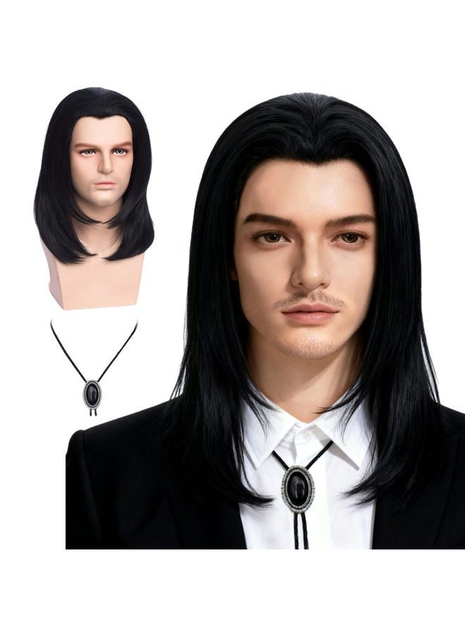 Qaccf Mens 70s hippie Short Straight Black Vincent Vega Costume Wig with Widows Peak - Image 4