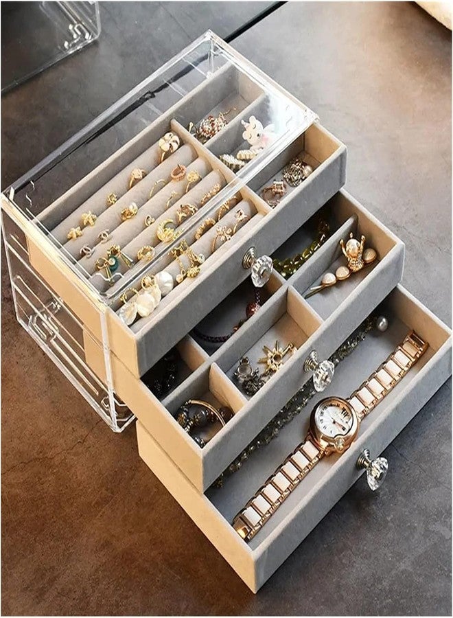 BEHAHAI 3-Layer Velvet Jewelry Box Organizer, Acrylic Storage Case for Earrings Rings Necklaces, 24 x 13.5 x 11 cm(MULTI COLOR) - Image 3