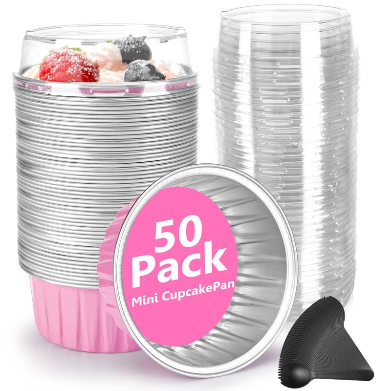 Disposable Ramekins 50 Packs with Lids and SpoonsMini Cake Pans Round Aluminum Foil Cupcake Baking Cups Muffin Cups TinsDisposable Cakecup Wrappers Cheesecake Creme Brulee5 Oz Pink