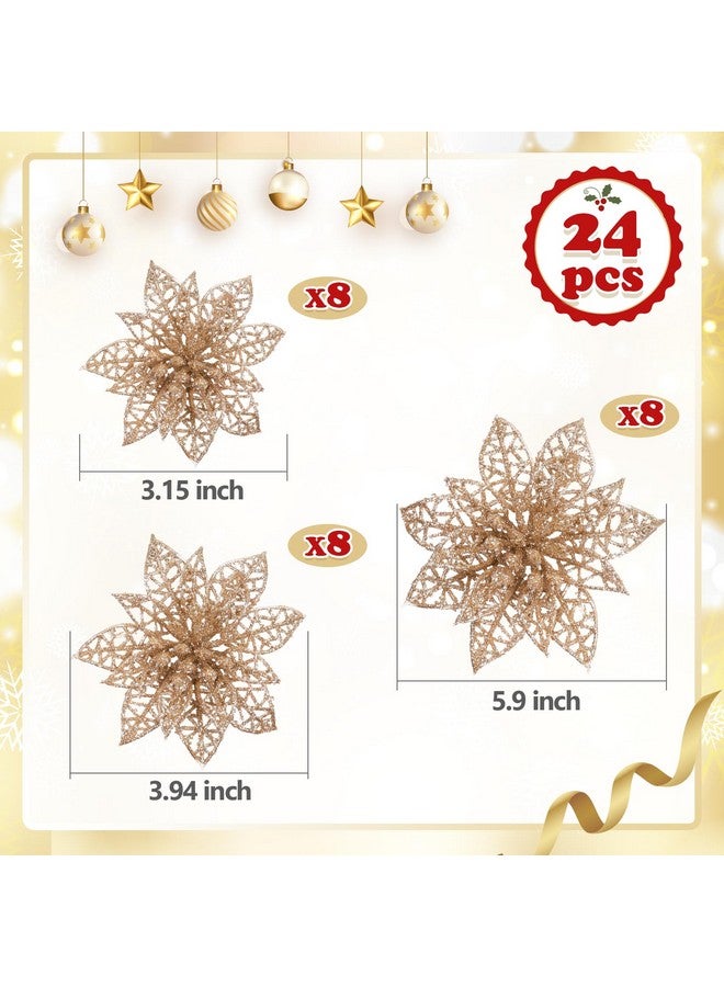 Naler Naler 24 Pieces Christmas Glitter Poinsettia Flowers Artificial Xmas Flowers for Christmas Tree Wreaths Wedding Ornaments, Champagne, 3/4/6 Inch  - Image 3