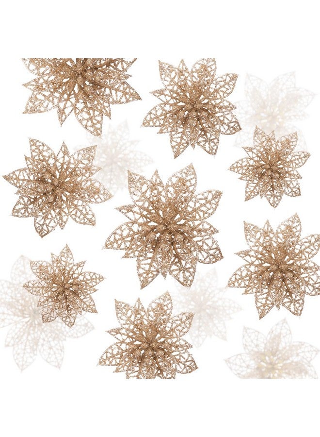 Naler Naler 24 Pieces Christmas Glitter Poinsettia Flowers Artificial Xmas Flowers for Christmas Tree Wreaths Wedding Ornaments, Champagne, 3/4/6 Inch  - Image 1