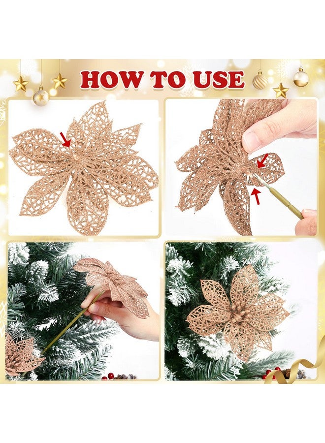 Naler Naler 24 Pieces Christmas Glitter Poinsettia Flowers Artificial Xmas Flowers for Christmas Tree Wreaths Wedding Ornaments, Champagne, 3/4/6 Inch  - Image 4