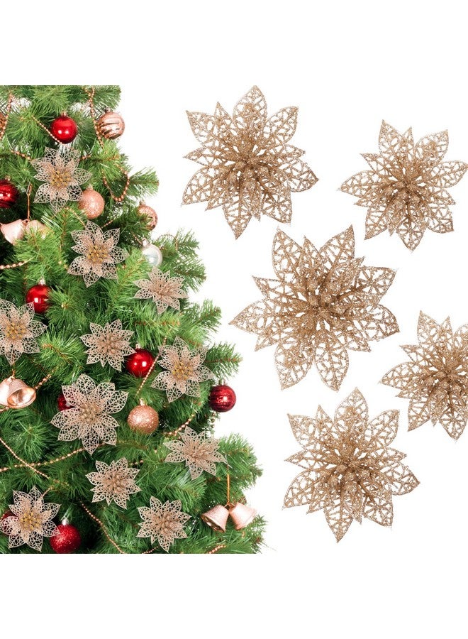 Naler Naler 24 Pieces Christmas Glitter Poinsettia Flowers Artificial Xmas Flowers for Christmas Tree Wreaths Wedding Ornaments, Champagne, 3/4/6 Inch  - Image 2