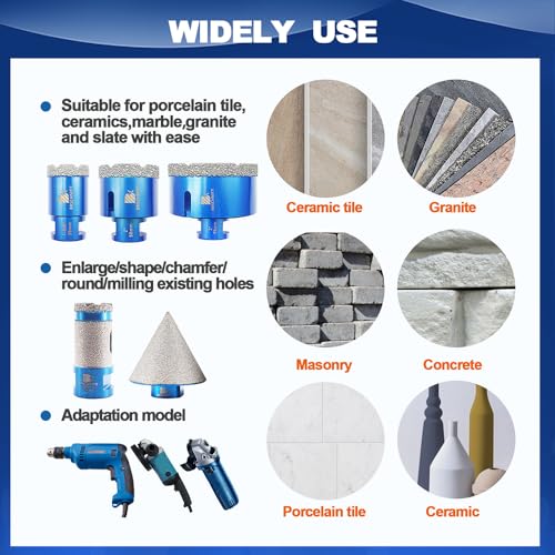 BRSCHNITT Diamond Core Drill Bit Set for Porcelain Tile Ceramic Marble Granite Drilling,BRSCHNITT 35/50/75/100mm Tile bit&1" Diamond Finger Drill bit&2" Chamfer bit&Adapter - Image 3
