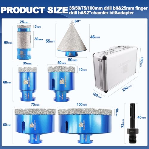 BRSCHNITT Diamond Core Drill Bit Set for Porcelain Tile Ceramic Marble Granite Drilling,BRSCHNITT 35/50/75/100mm Tile bit&1" Diamond Finger Drill bit&2" Chamfer bit&Adapter - Image 2